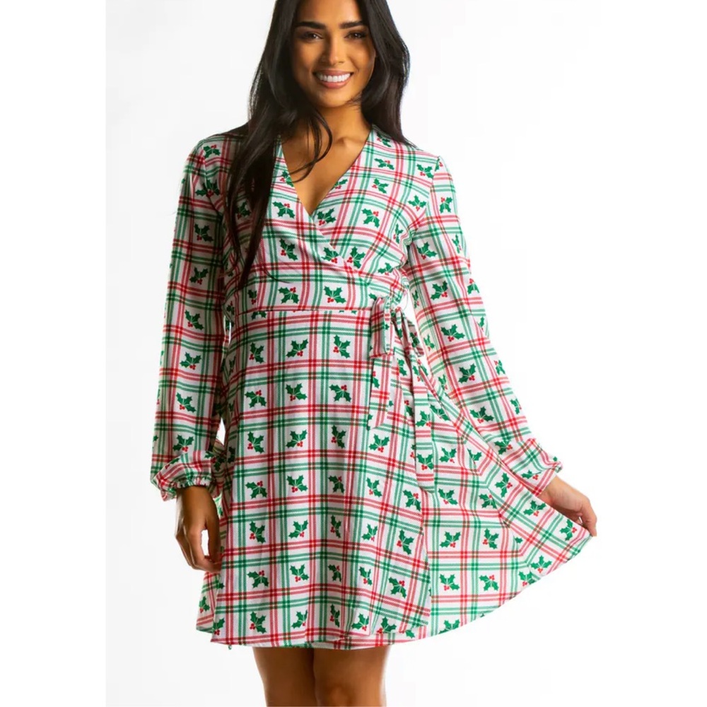 Shine-sty the smooches mistletoe plaid Christmas wrap dress Medium